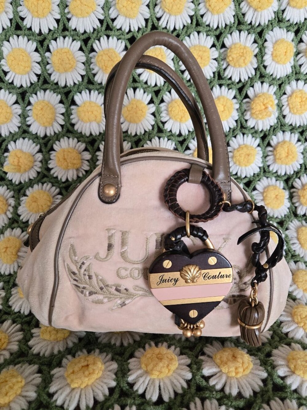 Juicy Couture Stitch Embroidery Pink Velour Bowler Style Top Handle Bag